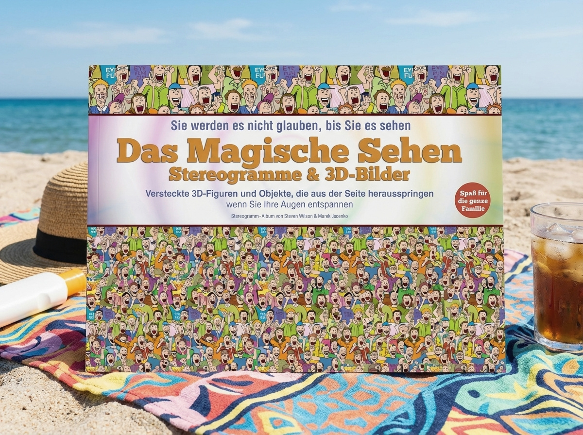 Stereogram book Das Magische Sehen lying on a beach towel in summer