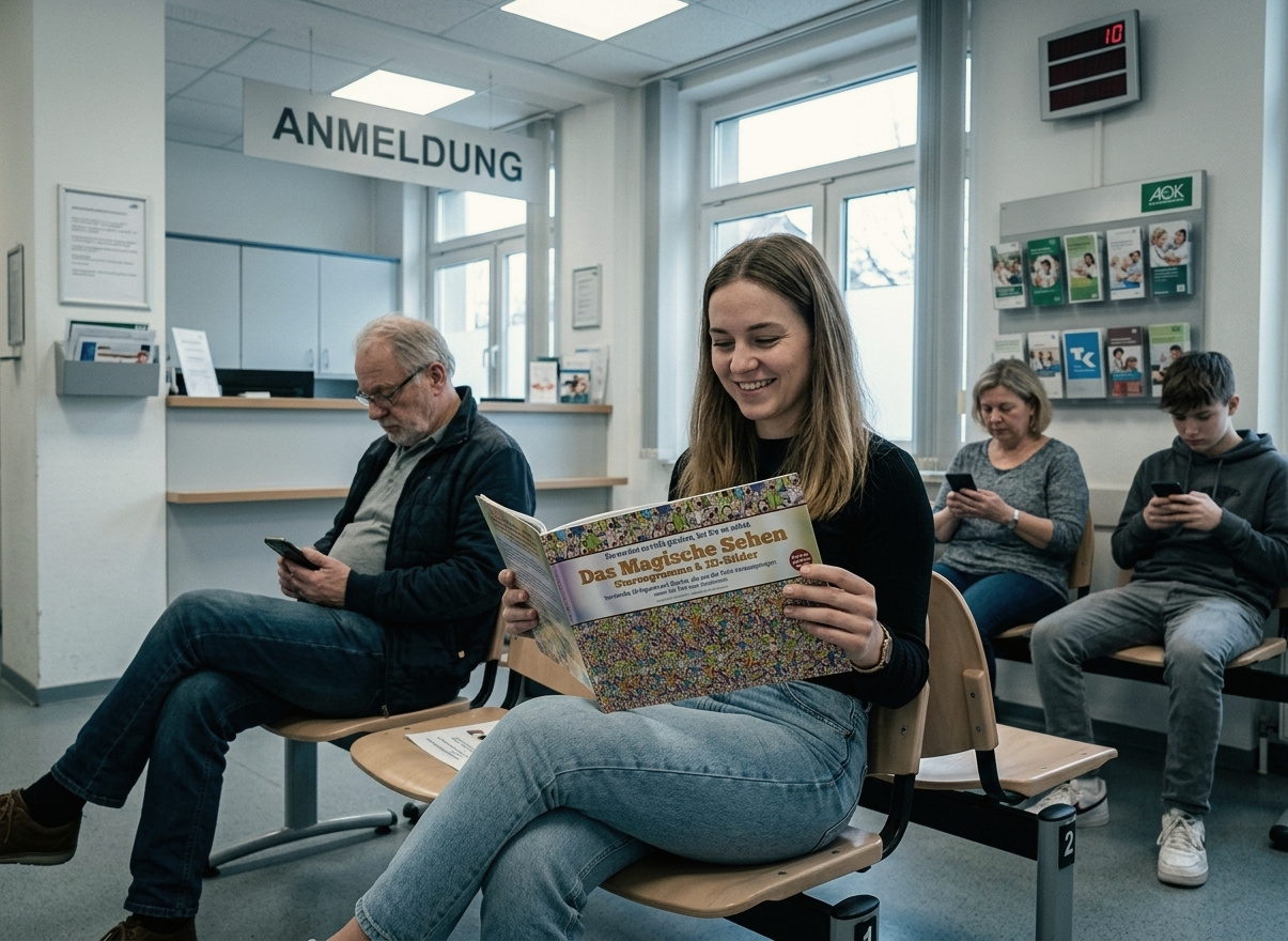 Woman reading Das Magische Sehen stereogram book in a German doctor waiting room