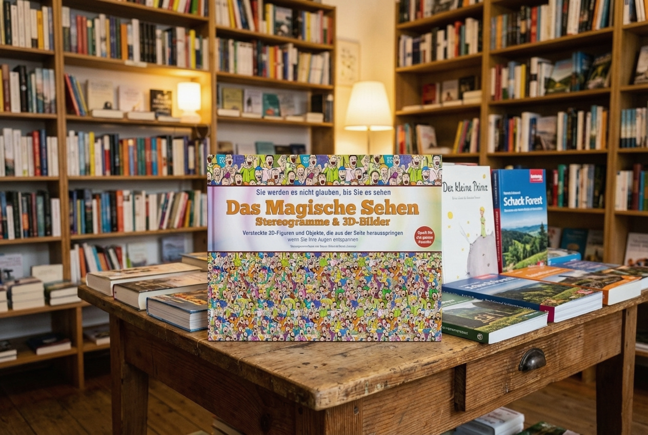 Das Magische Sehen stereogram book displayed in a German bookstore Buchhandlung